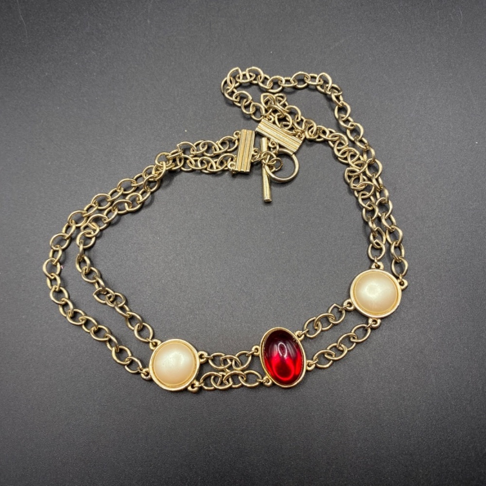 Faux Pearl & Red Cabachon Toggle Clasp Gold Chain Double Strand Necklace